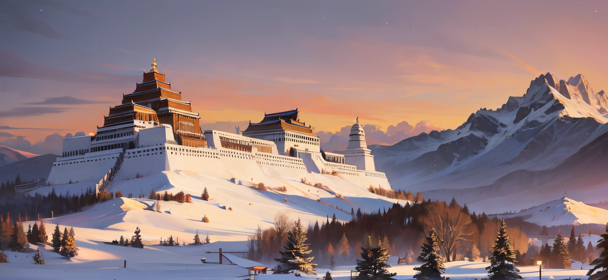 In winter, snow falls over the Potala Palace, bathed in the evening sun. Below the Potala Palace, there are people engaging in prayers and others enjoying tea on the square. --auto --s2