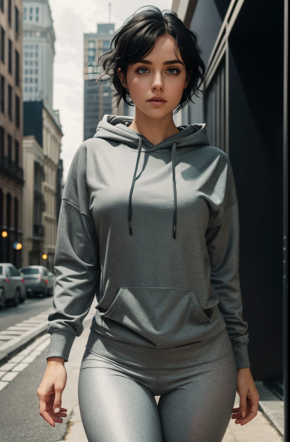 best quality, masterpiece, beautiful Caucasian woman wearing grey leggings and a grey hooded sweatshirt, thigh gap, chubby, perfect , petite, big green eyes, short black hair, messy hair, detailed facial features, detailed, symmetry, cinematic lighting, realistic photo