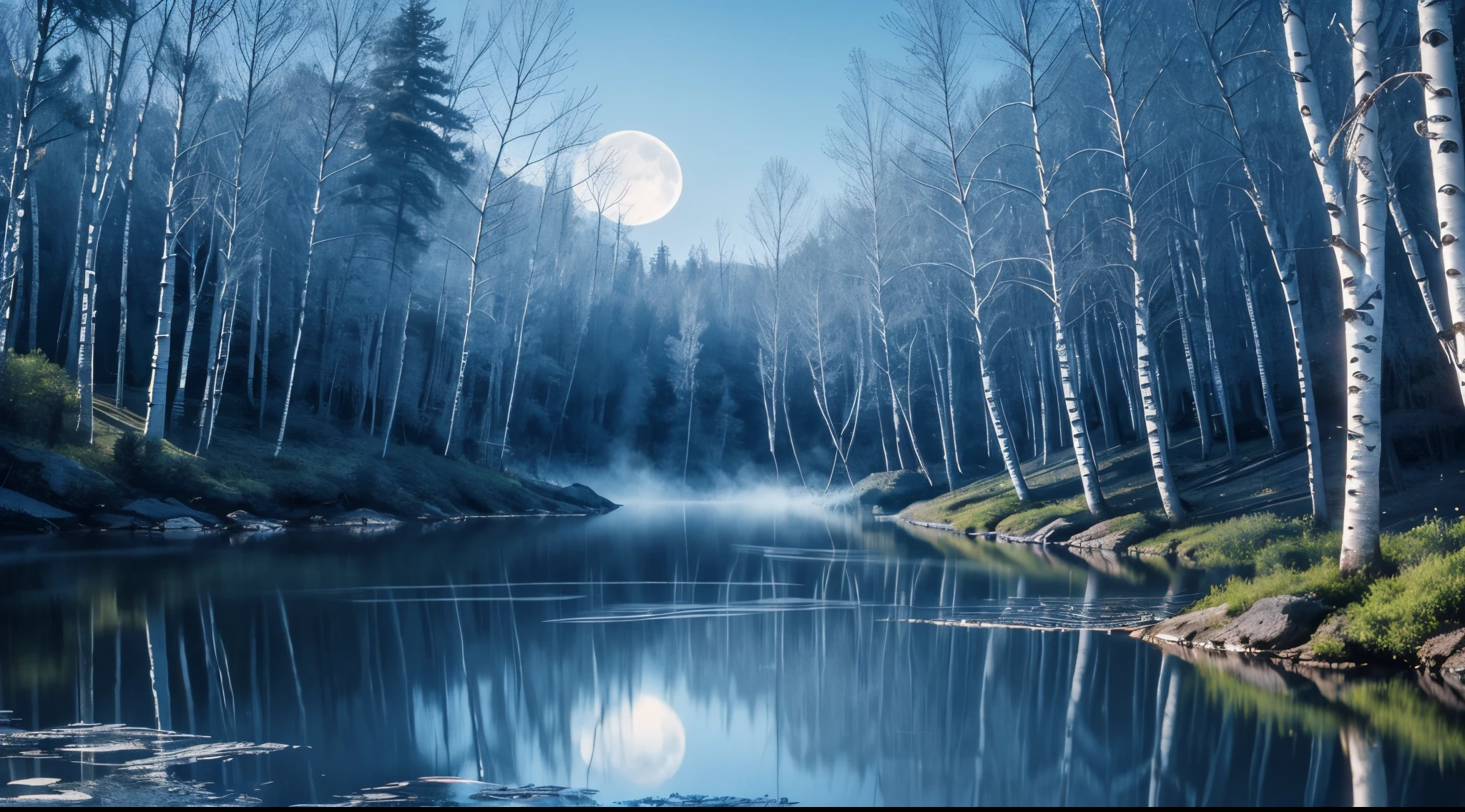 midynight，waterfallr，Birch forest，Silver ripples on the lake，blue mist，moon full