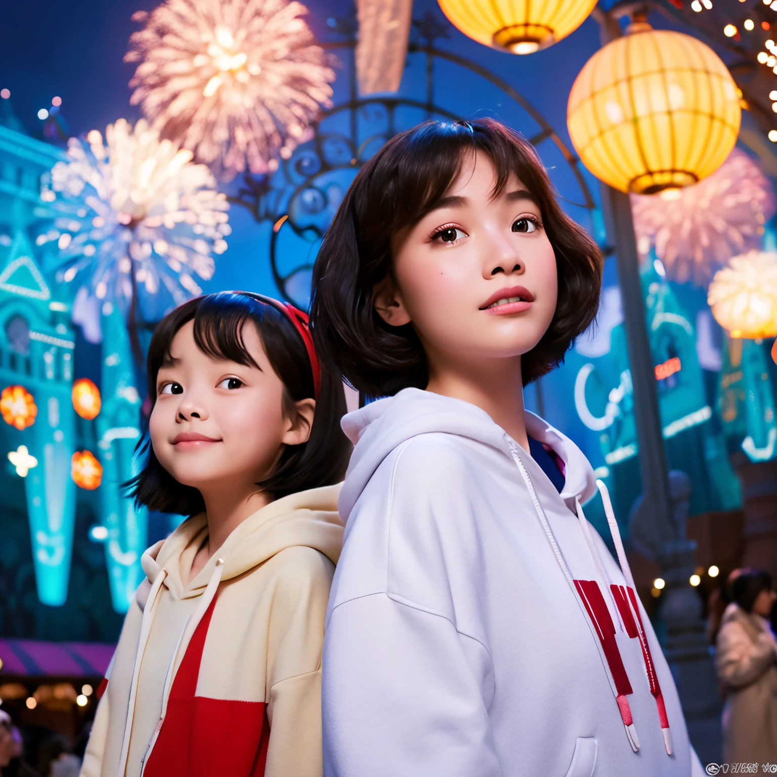 Disney Pixar illustrations、Two girls reflected with a wide-angle lens against the background of illuminations。The girl on the right is Bob、I'm wearing a muffler。the girl on the left、I wear a long white hoodie and an outer layer inside.。