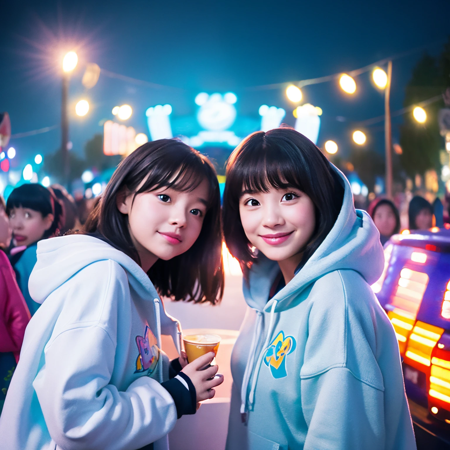 Disney Pixar illustrations、Two girls reflected with a wide-angle lens against the background of illuminations。The girl on the right is Bob、I&#39;m wearing a muffler。the girl on the left、I wear a long white hoodie and an outer layer inside.。
