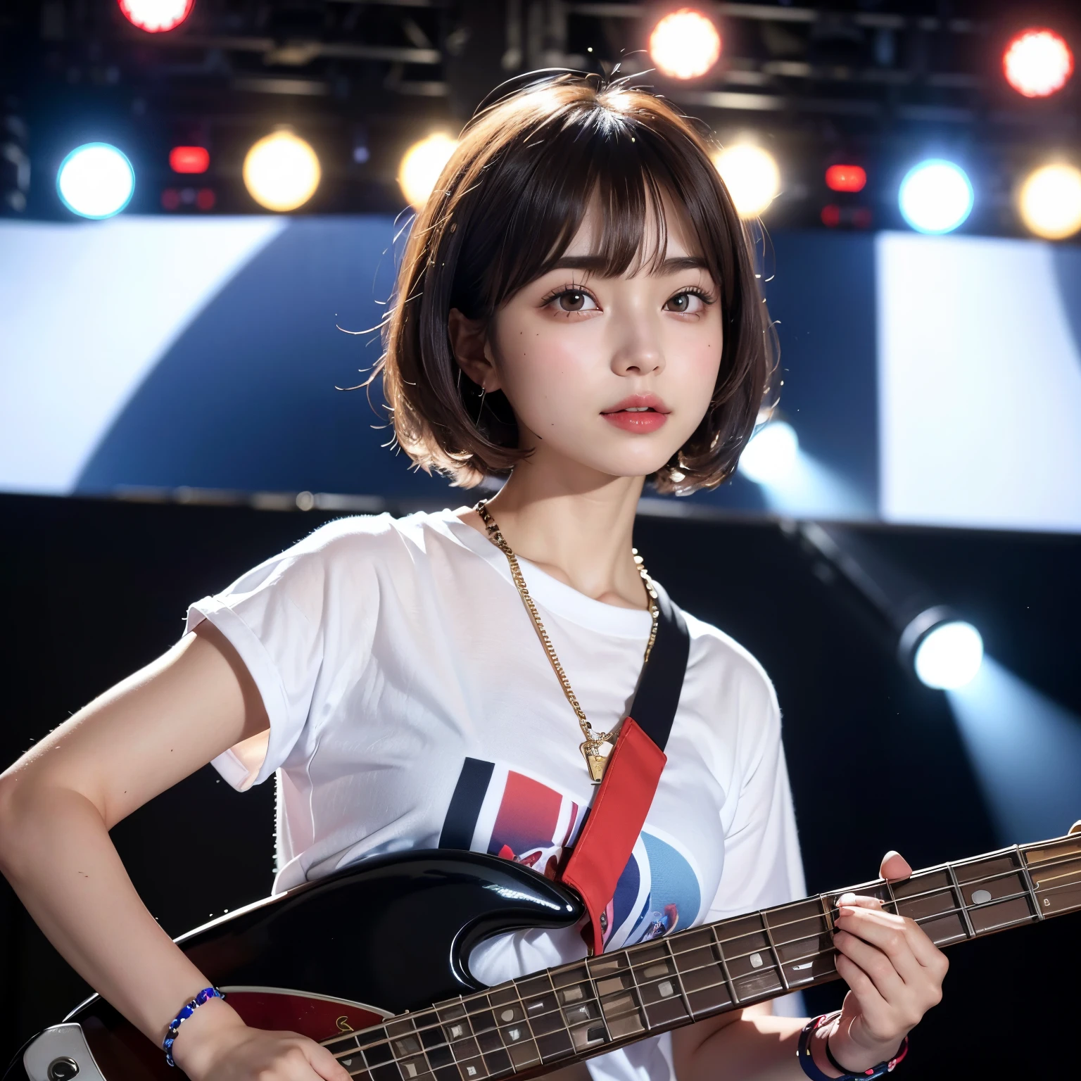 ((top-quality))、(masterpiece:1.4)、Raw photography、8K、((Top image quality))、 ((hight resolution))、Beautiful face in every detail、Realistic human skin、Gentle expression、(One lady:1.3 )、realisitic、Photorealsitic、(short-hair:1.4)、(hair arrange)、(Beautuful Women)、(She looks like a cute Japanese girl:1.3)、(mannish)、((Pretty Woman))、(Beautiful hair)、((dark brown hair))、(((Red cheeks)))、(Her eyes are big:1.3)、20-year-old beauty、(her face is small:1.5 )、small head、((long neck))、pale skin、Spot-free skin、With bangs、Everyone longs for、japanese beautiful woman、((eight heads high))、(a necklace)、(music festival:1.4)、((blue-sky))、singers、(Concert T-shirt)、smil、(Oversized clothes:1.3)、Happy look、(bass guitar:1.3)、(On stage:1.3)、((blue-sky))、Stand Microphone、wristbands、A bracelet、((young woman admires her))、Charismatic model、she has many fans、rock band、