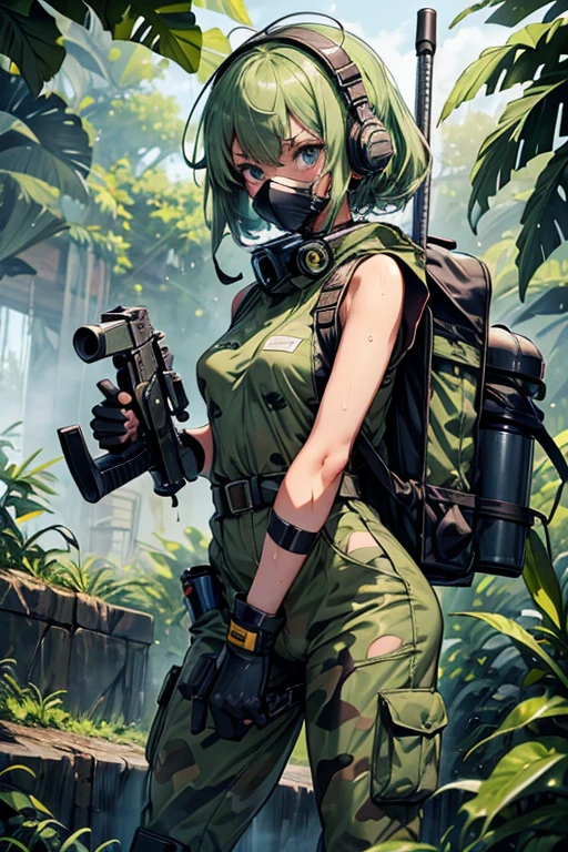 masterpiece, top-quality, MGS3EVA, tan jumpsuit, blue eyess, headphones around neck,Green hair, a belt, gloves, boots, Wagas, in jungle、Small、,Black rubber suit、Torn、polo、Fighting、gas masks、Camouflage pattern、younggirl、Black inner、backpack、Heavy equipment、guns、Shooting stance、Creeping forward、sniper rifles、gas grenade、Green smoke、foggy、barechested、The moment you take off your uniform、full bodyesbian、Cloudy liquid is all over the body、She looks embarrassed and angry with red cheeks.、Wet、small tits、Solo masturbation、She is playing with her hands while showing her pussy.、opening legs、barechested、I'm cumming and convulsing、There is cloudy liquid on it