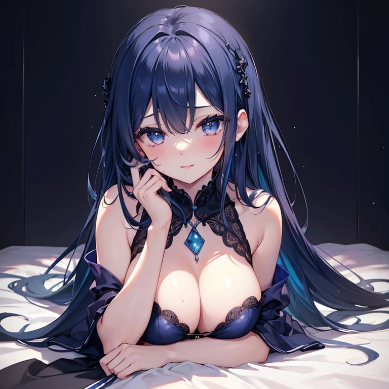 Super Detail, High resolution, Beautiful woman, Cute face, make up, Ecstatic expression, Amorous expression, Happiness、Seductive look, Glowing blue crying eyes, Seductive moist red lips,perspiring、 Sweat on the chest、perfectly proportions, Full body, on the beds、((laying on back))、Lie down、Grown-up、Dark blue hair、large and lush breasts、looking upwards、((Dark blue dress))、paler、Ultra-thin、fabric that fits your body、Patsupatu、opulent、ornate、A slight smil、crouching down、Hold out your chest、emphasizing breasts、Show off your breasts、I can see my nipples、Lower milk comes out、the lower half of the chest is visible、Gaze、frombelow、((top-quality))、8K、Professional Writing、An ultra-high picture quality