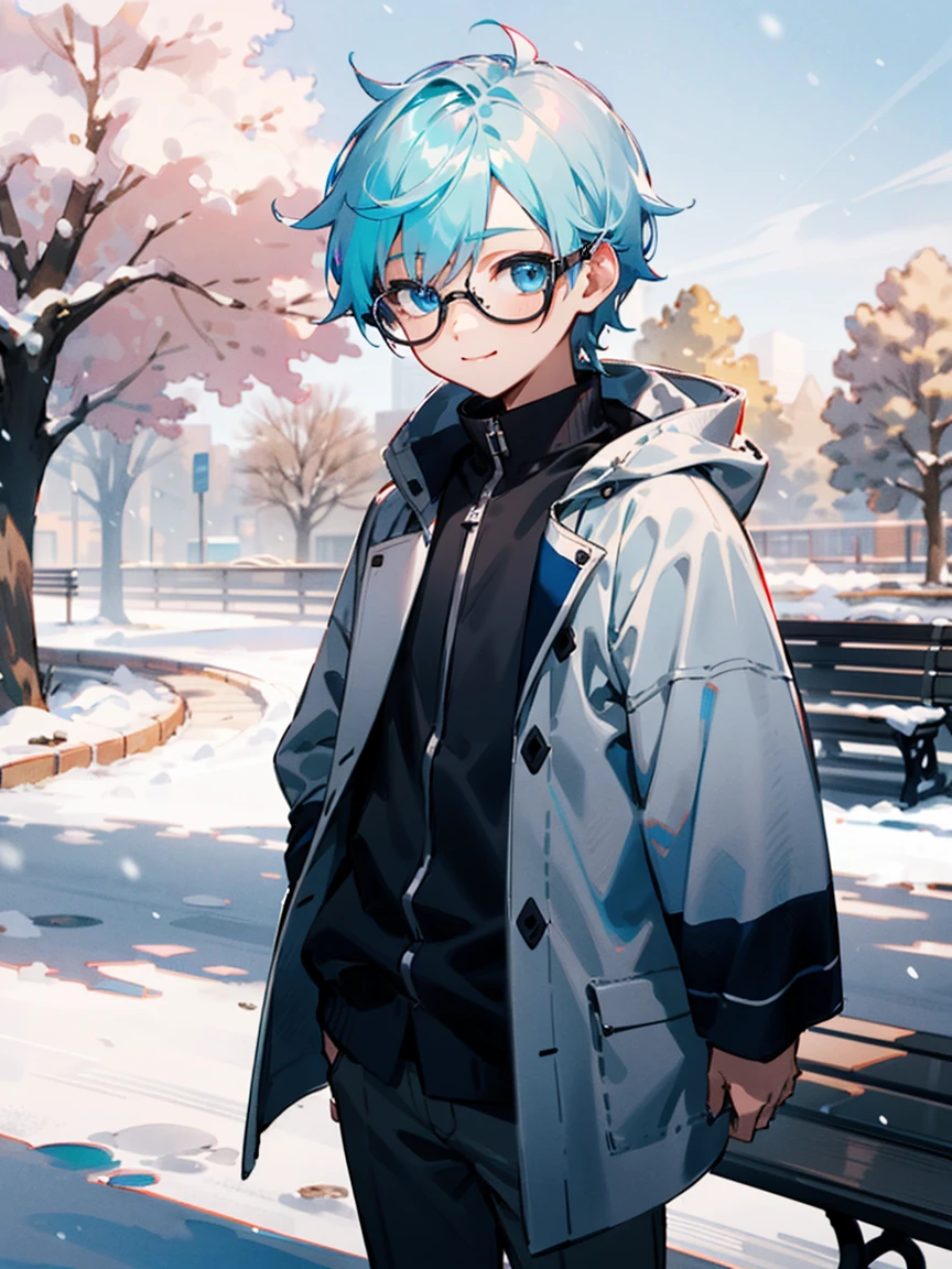 Male child, Black glasses,blue eyess,Cowboy Shots,A smile, silber hair,Daytime,Iridescent background,Park, waiting, Benches, Snow, Yuki, tree, Nature,