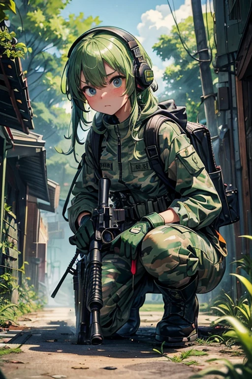 ​masterpiece, top-quality, MGS3EVA, tan jumpsuit, blue eyess, headphones around neck,Green hair, a belt, gloves, boots, Wagas, in jungle、Small、,Black rubber suit、Torn、polo、Fighting、gas masks、Camouflage pattern、younggirl、Black inner、backpack、Heavy equipment、guns、Shooting stance、Creeping forward、sniper rifles、gas grenade、Green smoke、foggy、barechested、The moment you take off your uniform、full bodyesbian、Cloudy liquid is all over the body、She looks embarrassed and angry with red cheeks.、Wet、small tits、Solo masturbation、She is playing with her hands while showing her pussy.、opening legs、barechested、I&#39;m cumming and convulsing、There is cloudy liquid on it、