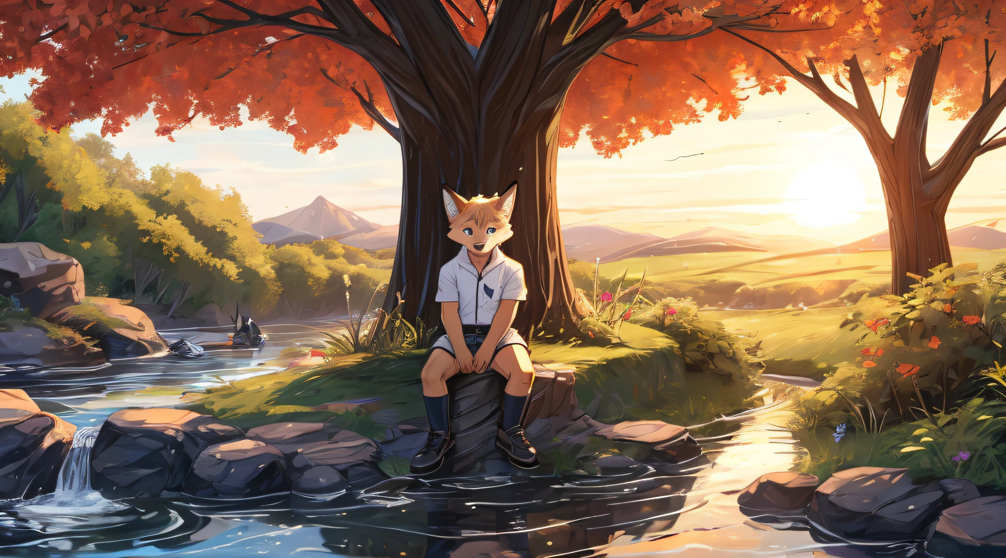 furry,White-haired fox,masculine,Shota,Leaning against a tree,Behind is a stream..,The sun has set..