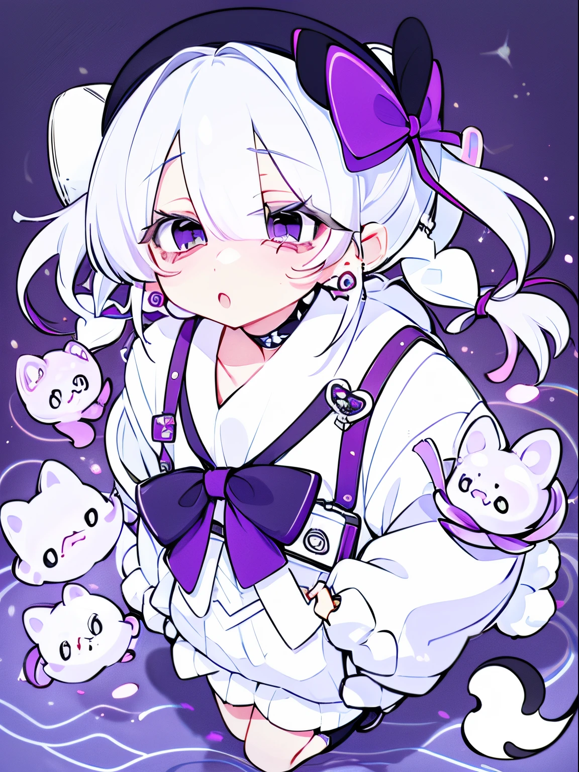 white  hair、art by、Character Painting、kawaii、ribbon earrings、white and purple、knit、Black beret、full body Esbian、White background、