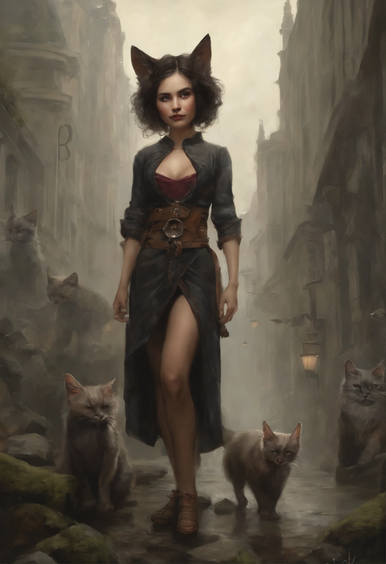 真实感, dark fantasy style, John Tolkien style, Small painting by Jean-Baptiste Monge, portraite of a, looks from the front, Soft facial features, wearing a headband with cat ears, Rocker Girl, Average height, plump dark pink lips, Engriberts eyebrows, dark brown eyes, looking at away,   short straight hair to shoulder blades, Straight short hair,  In a short dark silk fitted dress with a large cutout on the ., big breastes, Bra, predatory nature, Standing next to a motorcycle, rain is dripping, The city, megalopolis, city trail, big house, glass skyscraper Jean-Baptiste Monge, anthropomorphic --ar 2:3 --testp -optimistic;