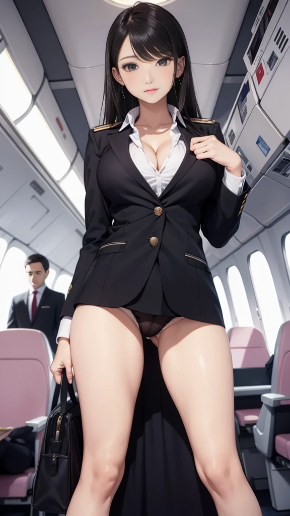 tmasterpiece，super-fine，Best quality at best，1girll，flightattendantuniform，Leaky big breasts，Leaky thighs，On the plane，Open navel，Leaky collarbone,((open legs)),((panties))