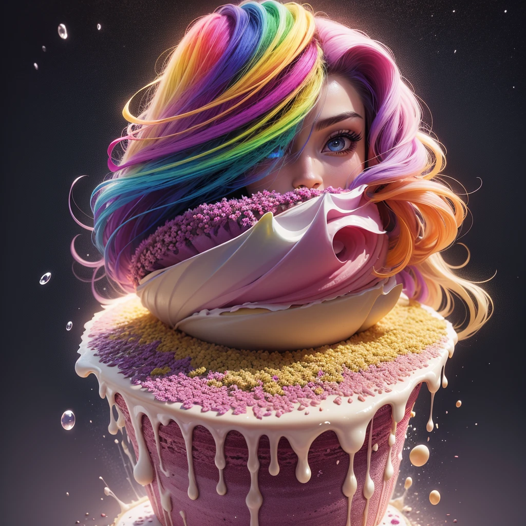 Rainbow cupcake, rainbow blossoms, rainbow flowers, rainbow blooms, sugar crystals, creamy, sweet, indulgent, rainbow whipped cream, pastel rainbow icing, decadent, (masterpiece:1.1), (highest quality:1.1), (HDR:1.0), (ultra-detailed), decorated, dripping rainbow drizzle, rainbow glimmer flakes, photograph, detailed, realistic, 8k uhd, high quality, RAW photo, professional color grading, soft shadows, no contrast, clean sharp focus, clear, epic profusion,