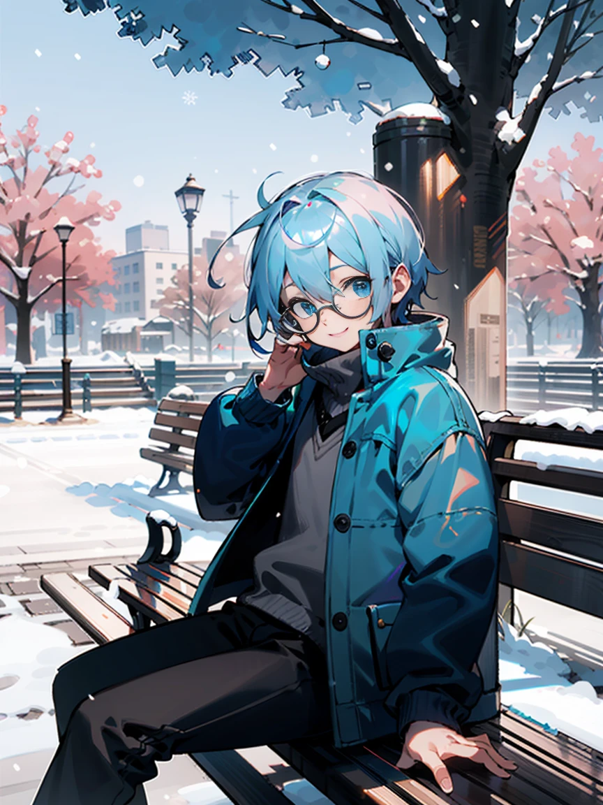 Male child, Black glasses,blue eyess,model poses,A smile, silber hair，Daytime，Iridescent background，Park, waiting, Benches, Snow, Yuki, tree, Nature,