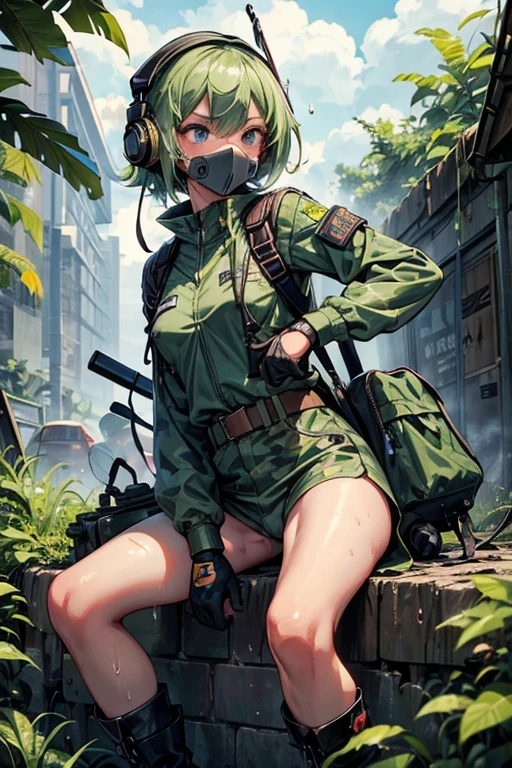 masterpiece, top-quality, MGS3EVA, tan jumpsuit, blue eyess, headphones around neck,Green hair, a belt, gloves, boots, Wagas, in jungle、Small、,Black rubber suit、Torn、polo、Fighting、gas masks、Camouflage pattern、younggirl、Black inner、backpack、Heavy equipment、guns、Shooting stance、Creeping forward、sniper rifles、gas grenade、Green smoke、foggy、barechested、The moment you take off your uniform、full bodyesbian、Cloudy liquid is all over the body、She looks embarrassed and angry with red cheeks.、Wet、small tits、Solo masturbation、She is playing with her hands while showing her pussy.、opening legs、barechested、I'm cumming and convulsing、There is cloudy liquid on it、My legs are shaking