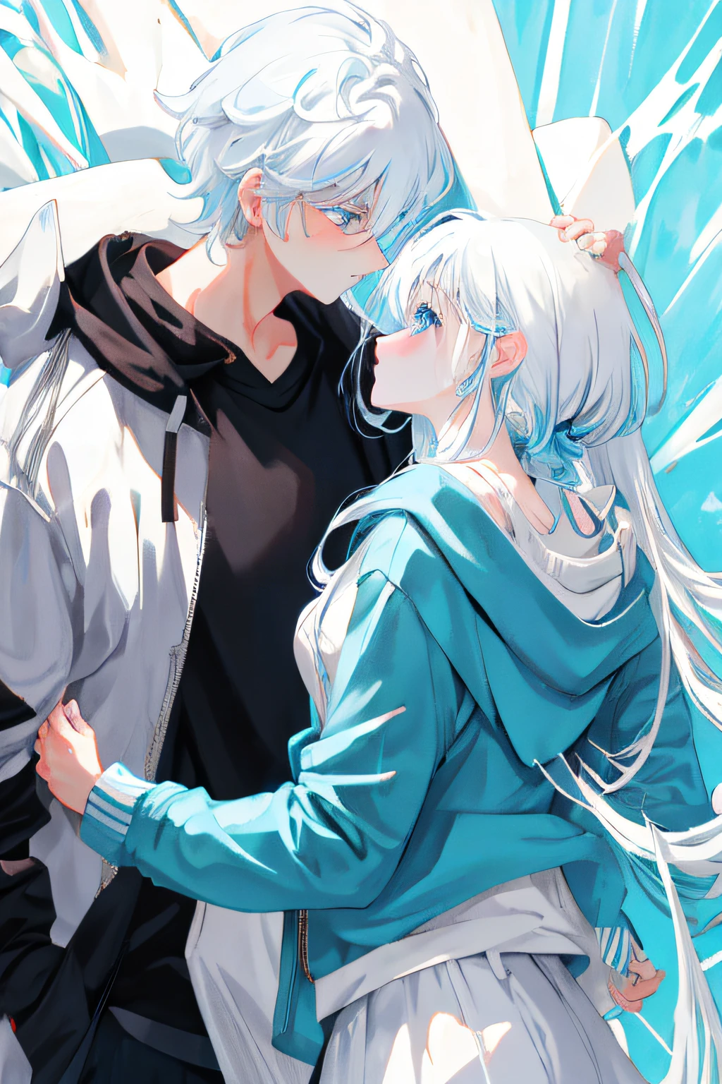 White hair and blue eyes hugging anime couple, 4k manga wallpapers, Anime style 4k, style of anime