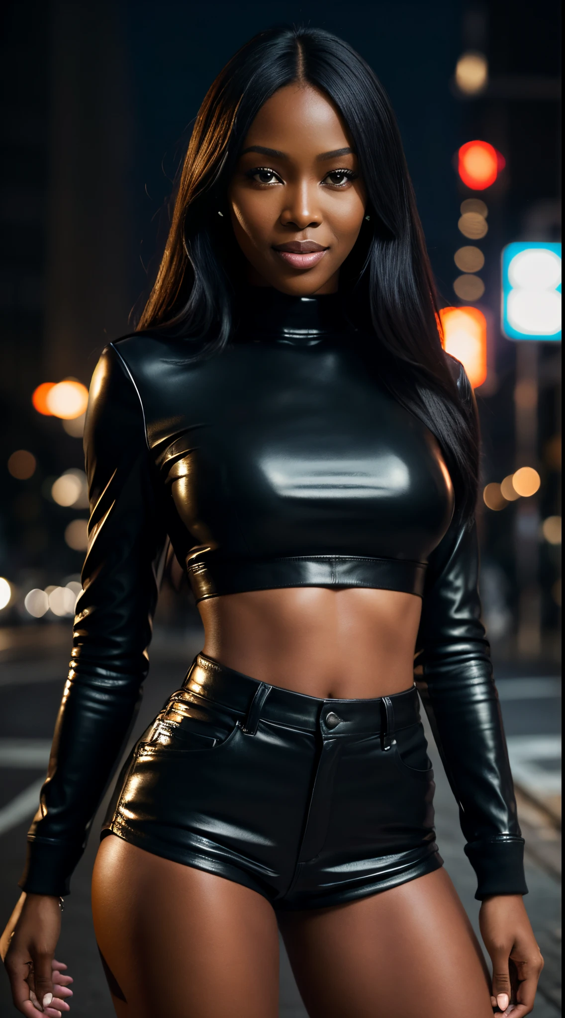 Foto hiperrealista en primer plano de Naomi Campbell, masterpiece, best quality, (photorealistic:1.4), full body, (black leather long sleeves crop top:1.1), (black leather short shorts:1.2), night street after rain, neons, cinematic light, beautiful woman, skinny, medium breasts, black long hair, detailed face, smile, facing the camera, photo taken from a distance, age of 14 years old