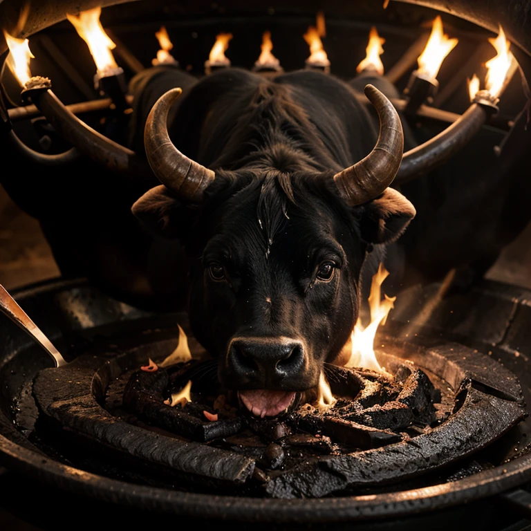 AI creates an image of a black bull being slaughtered and then cooked, with visual details and an attractive aroma
