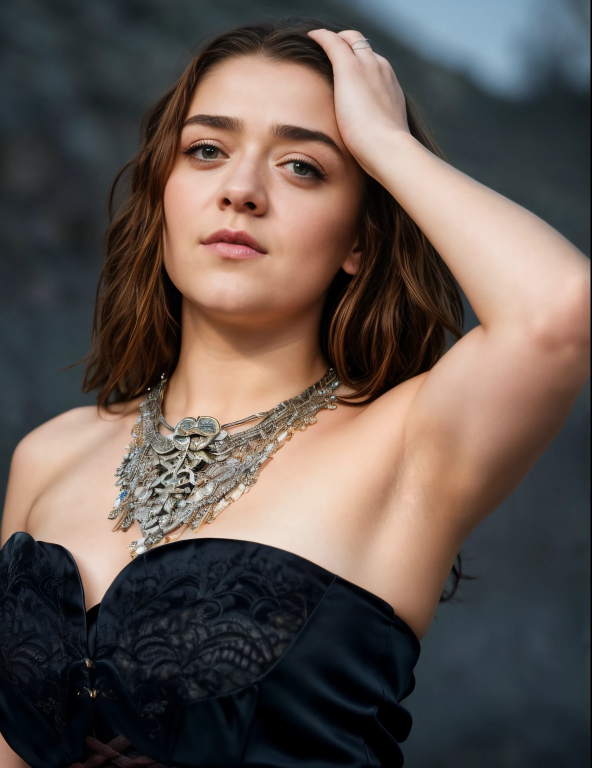 Foto RAW, Arya Stark, Extremely gorgeous lady, Arya Stark PLAYED BY MAISIE WILLIAMS, Queen Arya Stark, she a mature woman now, milf, sexy mediaeval battle dress, gladiator woman, body, 40 years old Woman, body revealing costumes, perky breast, big natural breast, erotic costumes, lusty physique, seductive figure can capture every people's attention, Game of thrones costumes, revealing captivating figure, Mediaeval costumes, revealing clothes, A tomboy, she would rather fence than dance, warrior queen , game of thrones screen caps, Game of Thrones Series, (pele altamente detalhada: 1.2), 8k UHD, DSLR, soft-lighting, alta qualidade, grain of film, Fujifilm XT3, flawless picture, highly detailed, detailed Beauty, intricate, 32k, sharp picture,
