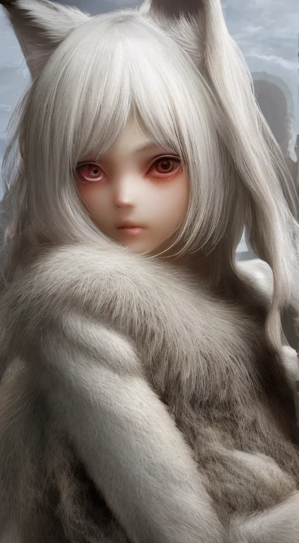 Alone,tmasterpiece,Best quality at best,ctextured skin,super detailing,ultra - detailed,A high resolution,8K,Focus sharp.1 Sister,girl fox,shaggy,Delicate fur，White hair，Red clothes，ancient wind。adolable。Q version。