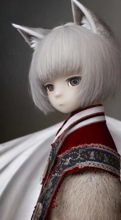 Alone,tmasterpiece,Best quality at best,ctextured skin,super detailing,ultra - detailed,A high resolution,8K,Focus sharp.1 Sister,girl fox,shaggy,Delicate fur，White hair，Red clothes，ancient wind。adolable。Q version。