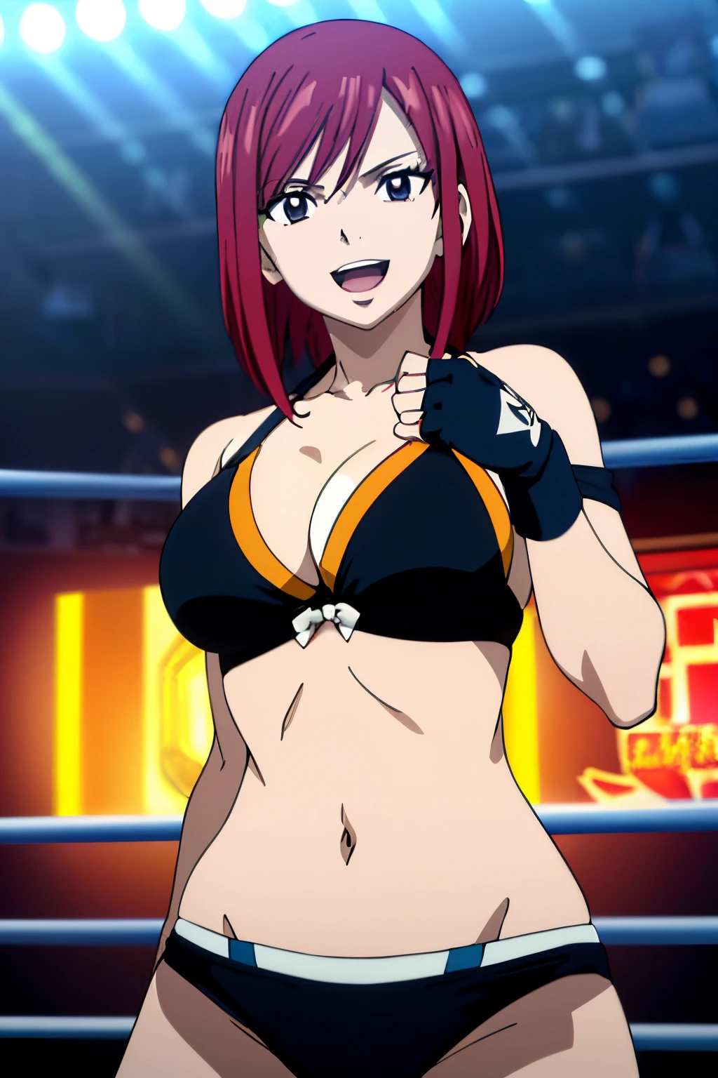 ((double bra, black bikini only, ((laid)), very little biceps, big breasts), (((wrestling arena))), spotlights, upper body view, please prioritize (best quality, 4k, 8k, highres, masterpiece:1.2), ultra-detailed, and (realistic, photorealistic, photo-realistic:1.37) rendering. ((looking at the viewer)), ((black bikini only)), groin, ultra detailed face, perfect anatomy, 8k, perfect body proportions, highest quality, 1girl, solo, happy, smile, ERZASCARLET, cleavage, off-shoulder, tall girl, (shiny hair), detailed red hair, (short hair, him cut), open mouth, very big eyes, long belly, wide shoulders, For the image quality, To enhance the visuals, add HDR, UHD, studio lighting, ultra-fine painting, sharp focus, physically based rendering, extreme detail description, professional, vivid colors, fingerless gloves, large breasts