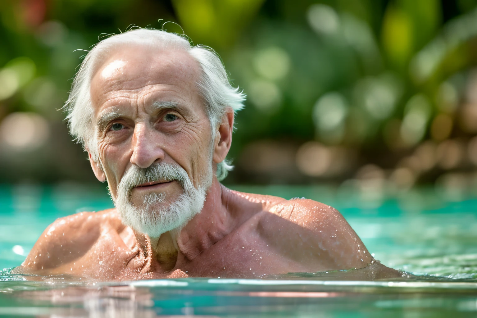 John Glover, An elder with a long beard and white hair, with a serene face wrinkles, looking producing, body older weak, skinny bones hairy, body naked, his shirt was open to reveal his stomach wrinkles older hairy weak and chest, arms legs neck hands feet skinny old and weak, shy and blushed, Lying in the bath swimming pool,master-piece,4K images,beste-Qualit