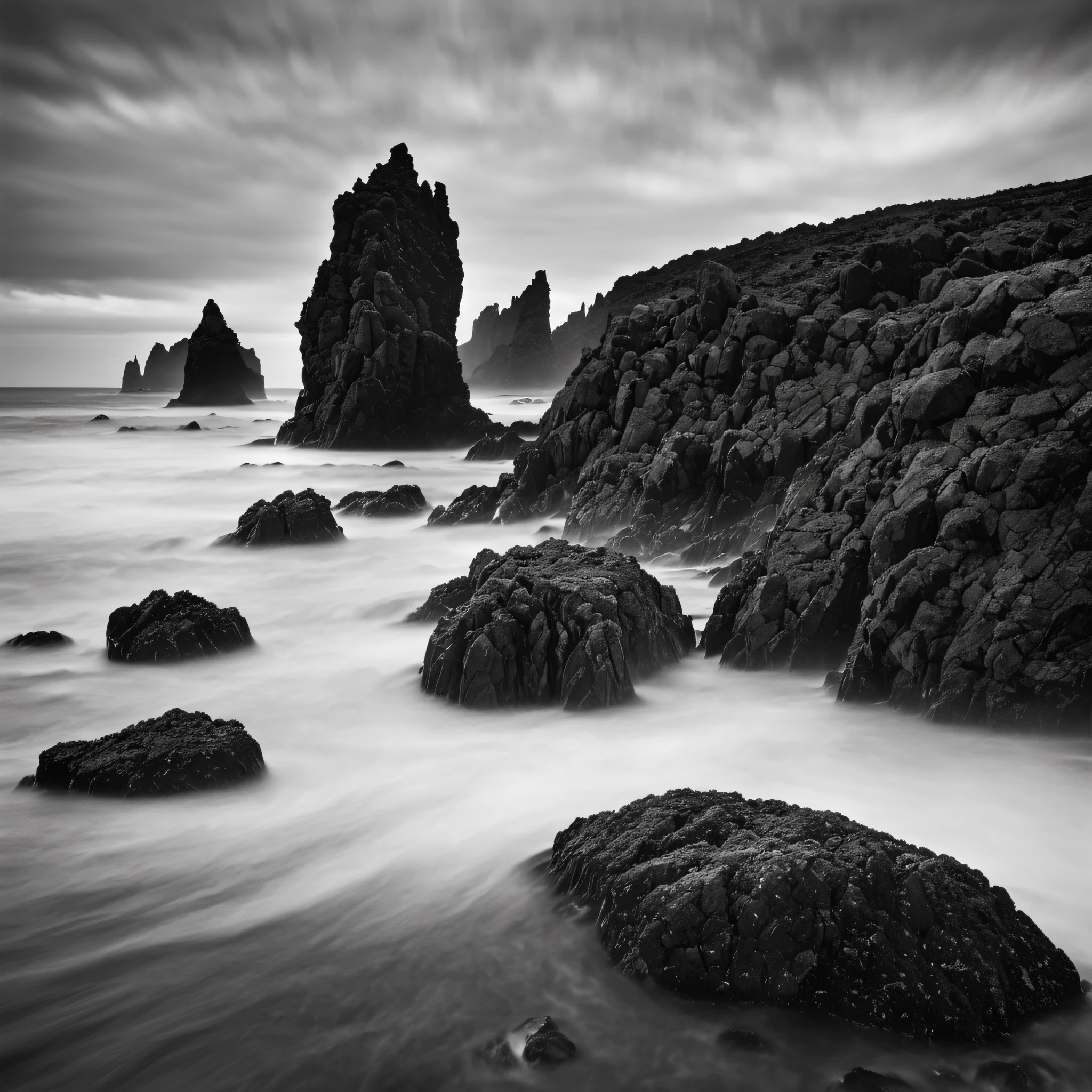 the way the waves flow against the rocks, sea, iceland, (((long exposure:1.5), black and white photography, shot on hasselblad camera, kodak tmax 400, tough film grain, photorealistic, by michael kenna, (lolw key:1.3)