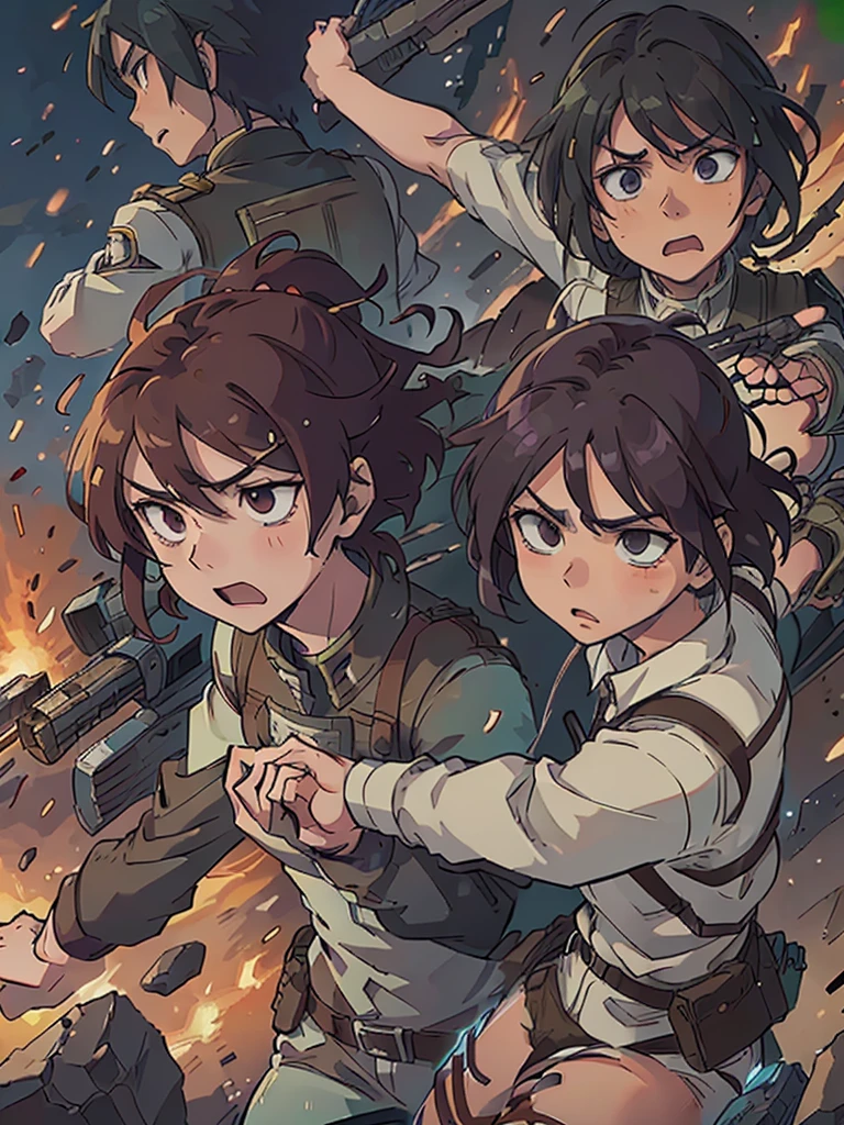Image of an anime character with features from Shingeki no Kyojin: the highlight being a male character in the foreground, immersed in the action wearing the uniform of the Reconnaissance warriors. In the background, an epic battle scenario, with several members of the troop fighting titans, creating an intense and exciting atmosphere.