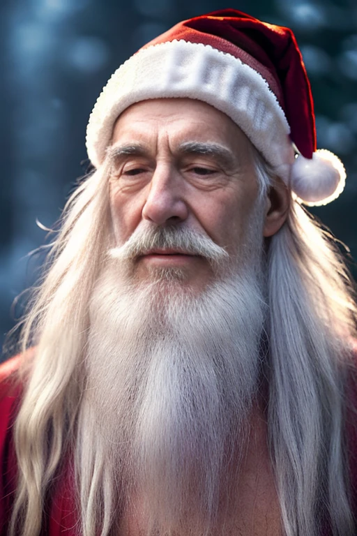An elder with a long beard and white hair, with a serene face wrinkles, looking producing, body older weak, skinny bones hairy, body naked, his shirt was open to reveal his stomach wrinkles older hairy weak and chest, arms legs neck hands feet skinny old and weak, Santa Claus hat, gloves and open coat,shy and blushed, Lying in the snow,snow lily,Closed eyes,master-piece,4K images,beste-Qualit