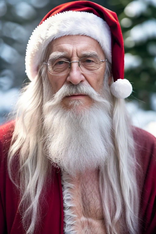 An elder with a long beard and white hair, with a serene face wrinkles, looking producing, body older weak, skinny bones hairy, body naked, his shirt was open to reveal his stomach wrinkles older hairy weak and chest, arms legs neck hands feet skinny old and weak, Santa Claus hat, gloves and open coat,shy and blushed, Lying in the snow,snow lily,Closed eyes,master-piece,4K images,beste-Qualit