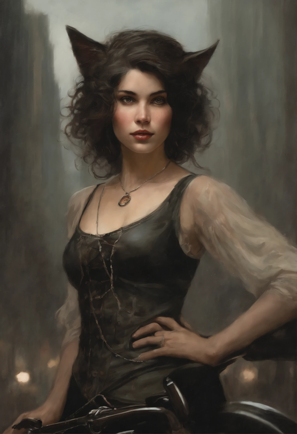 真实感, dark fantasy style, John Tolkien style, Small painting by Jean-Baptiste Monge, portraite of a, looks from the front, Soft facial features, wear a headband with cat ears, Rocker Girl, Average height, plump dark pink lips, Engriberts eyebrows, dark brown eyes, looking at away, short straight hair to shoulder blades, straight short hair, In a short dark silk fitted dress with a large cutout on the chest.., big breastes, Bra, predatory nature, Standing next to a motorcycle, rain is dripping, The city, megalopolis, city trail, big house, glass skyscraper Jean-Baptiste Monge, anthropomorphic --ar 2:3 --testp -optimistic;