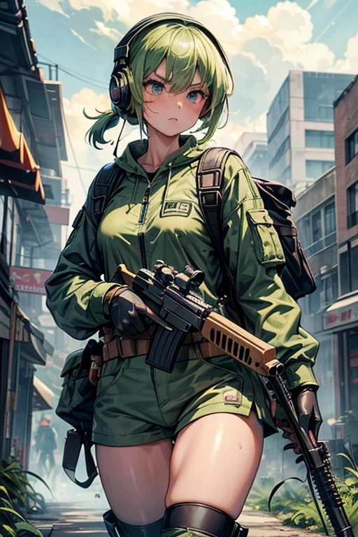 masterpiece, top-quality, MGS3EVA, tan jumpsuit, blue eyess, headphones around neck,Green hair, a belt, gloves, boots, Wagas, in jungle、Small、,Black rubber suit、Torn、polo、Fighting、gas masks、Camouflage pattern、younggirl、Black inner、backpack、Heavy equipment、guns、Shooting stance、Creeping forward、sniper rifles、gas grenade、Green smoke、foggy、barechested、The moment you take off your uniform、full bodyesbian、Cloudy liquid is all over the body、She looks embarrassed and angry with red cheeks.、Wet、small tits、Solo masturbation、She is playing with her right hand while showing her pussy.、opening legs、barechested、I'm cumming and convulsing、There is cloudy liquid on it、My legs are shaking、Stay naked、His left hand is massaging his chest.、the gun is on the ground