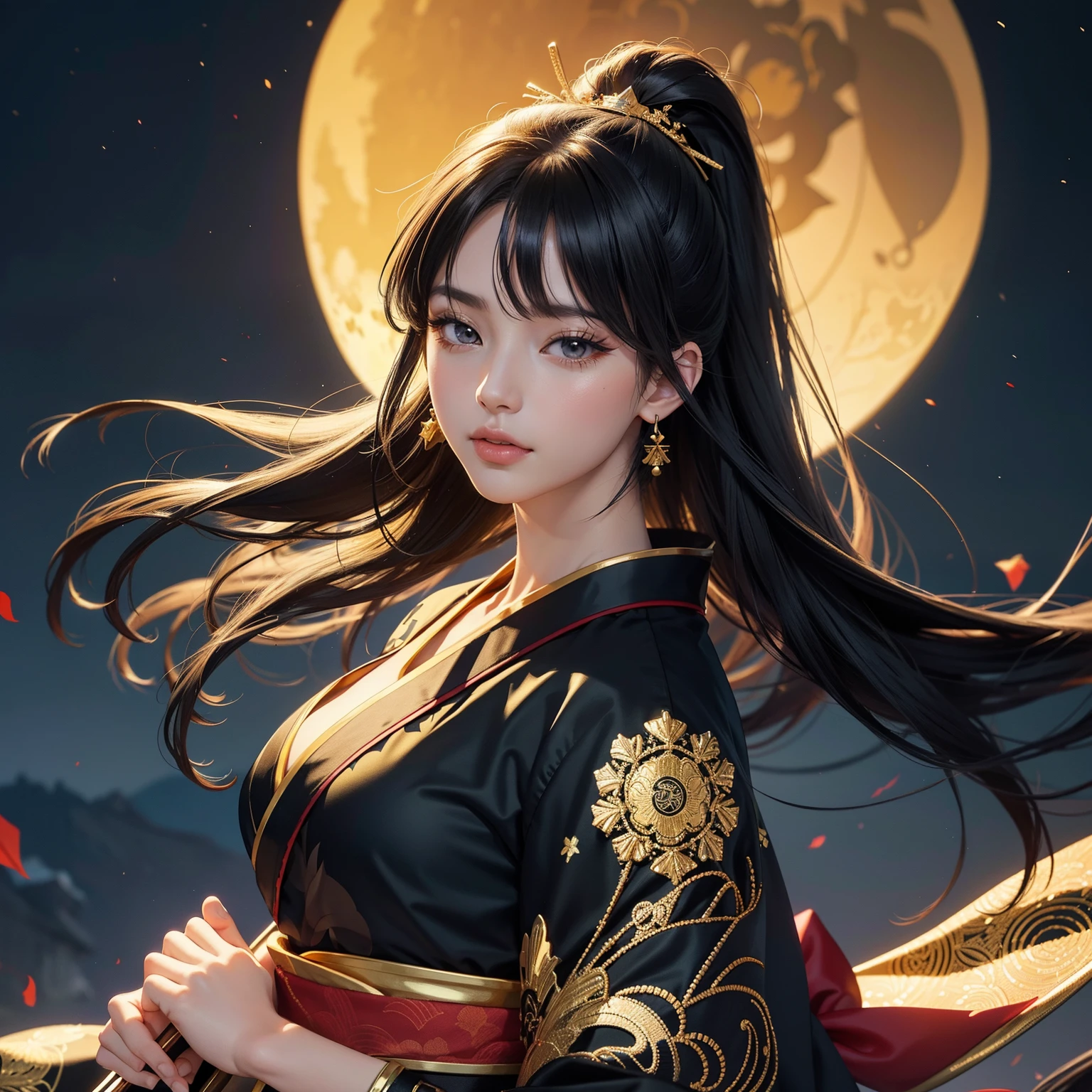season autumnal、watching at viewers、Ancient capital and moon in the background、poneyTail、Woman with shiny black hair、{{{Luxury kimono(Black kimono(Detailed golden embroidery,))}}}、face perfect,Depict a beautiful and graceful woman of Japan。Heart in the eye。full body Esbian。 Beautiful anime art wallpaper 8k, beautiful fantasy anime, Beautiful anime, Detailed anime artwork.Blur the background with a sickle,((masutepiece)), ((Best Quality))
