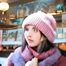 Woman wearing fur hat and red coat looking up, Inspired by Kim Chung Hee, wearing travel hat, candid portrait, with hat, Kwak Ji-young, Inspired by Ma Yuanyu, Inspired by contemplation. The background the Oriental Dragon. The Oriental Spring Festival a joyful color.