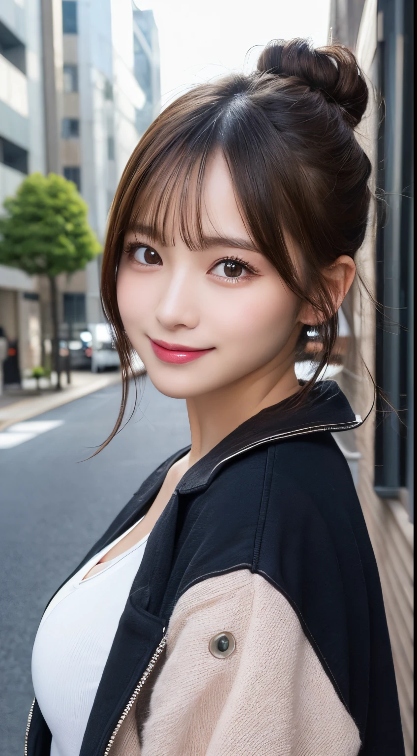 masutepiece, Best Quality, Illustration, Ultra-detailed, finely detail, hight resolution, 8K Wallpaper, Perfect dynamic composition, Beautiful detailed eyes, Down jacket,Bun hair,Small breasts natural color lip, Bold sexy poses,Smile,Harajuku、20 years girl、Cute、Sexy shot looking at camera,Raw photo