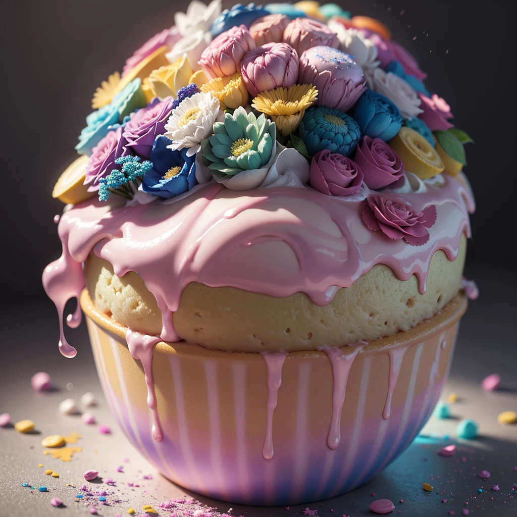 Rainbow cupcake, rainbow blossoms, rainbow flowers, rainbow blooms, sugar crystals, creamy, sweet, indulgent, rainbow whipped cream, pastel rainbow icing, decadent, (masterpiece:1.1), (highest quality:1.1), (HDR:1.0), (ultra-detailed), decorated, dripping rainbow drizzle, rainbow glimmer flakes, photograph, detailed, realistic, 8k uhd, high quality, RAW photo, professional color grading, soft shadows, no contrast, clean sharp focus, clear, epic profusion,