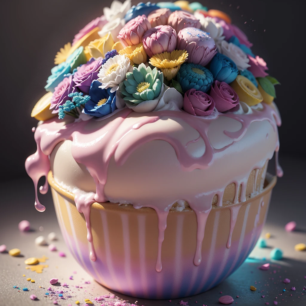Rainbow cupcake, rainbow blossoms, rainbow flowers, rainbow blooms, sugar crystals, creamy, sweet, indulgent, rainbow whipped cream, pastel rainbow icing, decadent, (masterpiece:1.1), (highest quality:1.1), (HDR:1.0), (ultra-detailed), decorated, dripping rainbow drizzle, rainbow glimmer flakes, photograph, detailed, realistic, 8k uhd, high quality, RAW photo, professional color grading, soft shadows, no contrast, clean sharp focus, clear, epic profusion,