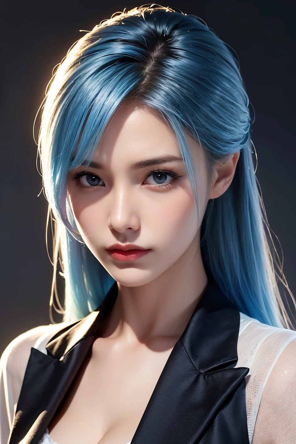 tmasterpiece,Best quality,A high resolution,8K,(sportrait),((Head close-up)),(Original photo),real photograph,digital photography,(Female president:1.2),(Professional women),20岁女孩,long whitr hair,By bangs,Red eyelack and blue gradient hair),Serious and obsessed,Cleavage, accessories,Keep your mouth shut,(Frown:1.3),elegant and charming,Serious and arrogant,Calm and handsome,(White women's business attire),Photo pose,Realisticstyle,gray world background,oc render reflection texture