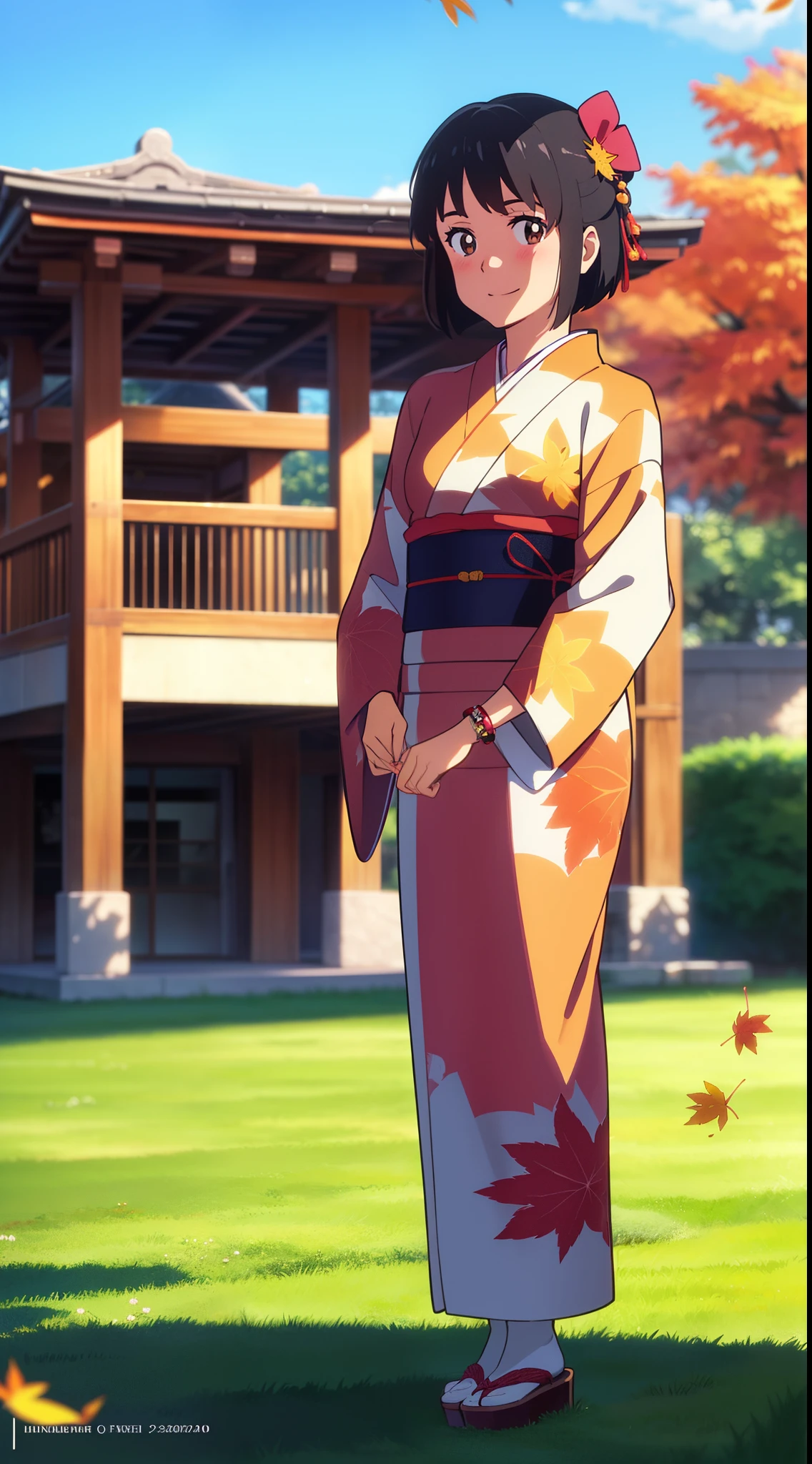 (masterpiece, best quality, high quality, highres, ultra-detailed), shinkai makoto, kimi no na wa., 1girl, bangs, black hair, blush, bright eyes, brown eyes, headband, looking at the viewer, red bow, red headband, red ribbon, japanese clothes, kimono, floral print, sash, obi, print kimono, yukata, short hair, medium breasts, solo, day, Outdoors, sunlight, shiny skin, standing, shadow, smile, happy, bracelet, {{{{{{in autumn}}}}}}, maple tree, falling leaves, autumn scenery, warm color., beautiful, pretty, {{{{fluttering leaves}}}}