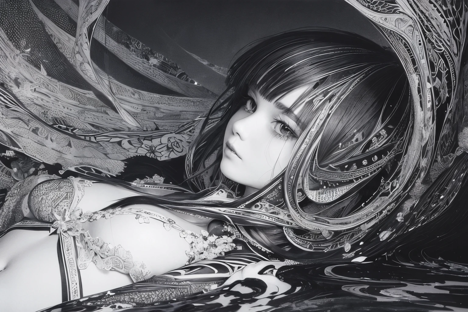 water paint art, ink drop, many color ink, high detailed line art, girl, amazingly fine detail, highest quality, official art, big file size, high detailed, monochrome, masterpiece,