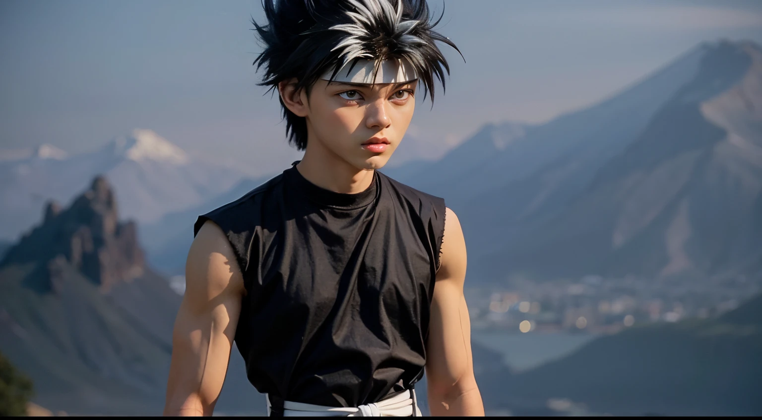 masterpiece, best quality, 1boy, hiei, black hair, white hair, spiked hair, red eyes, headband, upper body, sleeveless, torn clothes, sketch, ((solo)), background, detailed eyes, detailed face, upper body