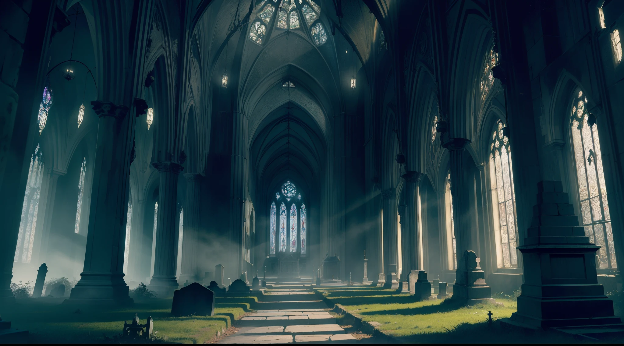 (best quality,4k,8k,highres,masterpiece:1.2),ultra-detailed,(realistic,photorealistic,photo-realistic:1.37),gothic style graveyard with fog,moonlit,haunting atmosphere,tall and eerie gravestones,crumbling and moss-covered,overgrown vines and ivy,ancient towering trees,ominous mist swirling around,shadows lurking in the darkness,ethereal glow from the moon,tombstones engraved with intricate details,aged and cracked,creepy yet mesmerizing,spiderwebs and bats,quiet and eerie silence,enchanted by a sense of foreboding,whispers of the past,stained glass windows in an old church,mysterious and atmospheric,haunted by a sense of mystery,dark and mystical ambiance