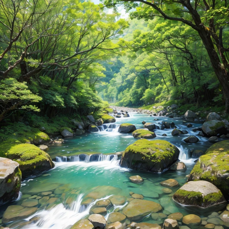 夏天,jpn,clear stream,surrounded by nature,Beautiful river