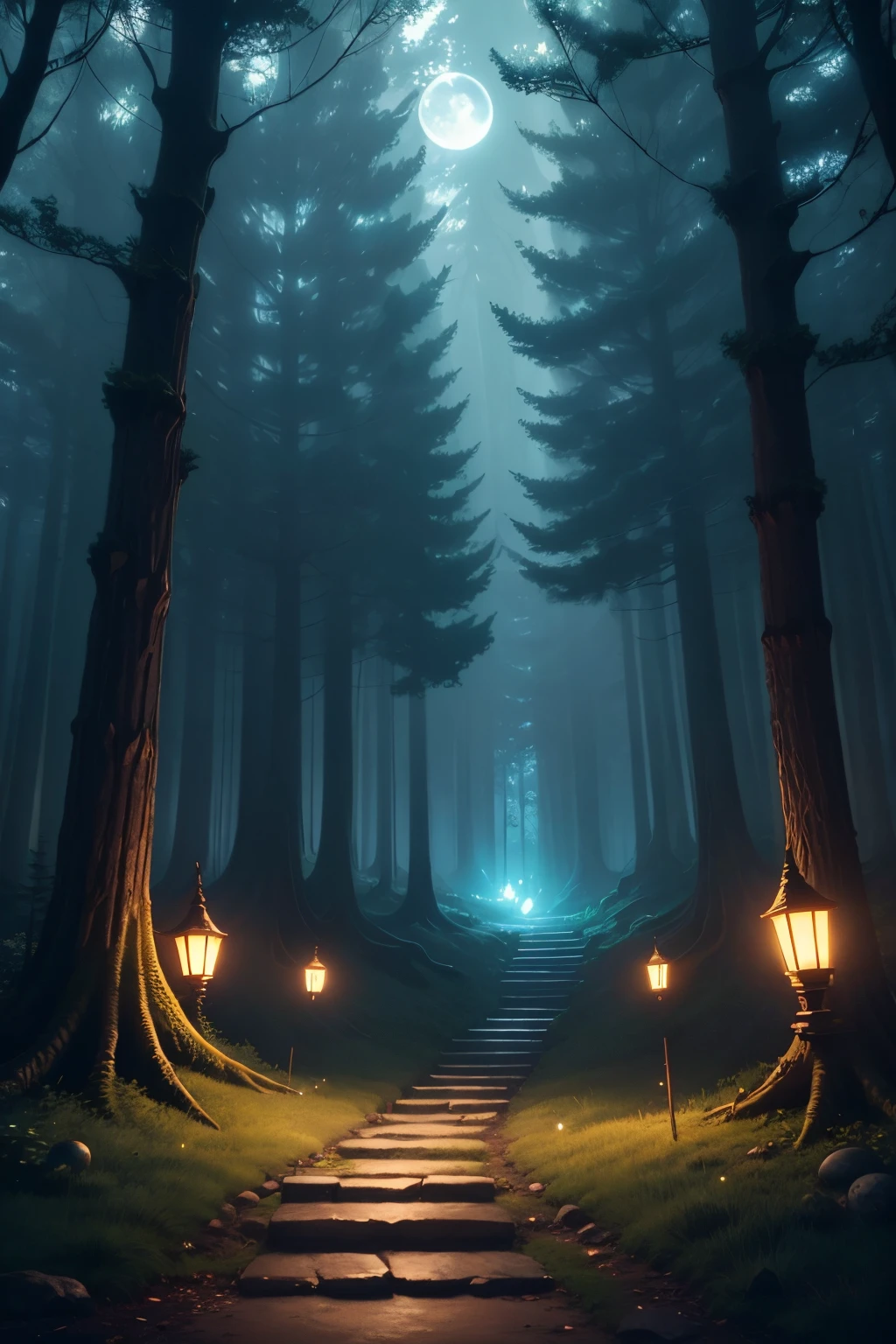 An enchanting forest under the soft glow of a magical moon, ancient trees with bioluminescent leaves, a mystical atmosphere filled with floating orbs, creatures of fantasy, and a hidden pathway leading to an unseen realm, Artwork, digital painting, --ar 16:9 --v 5