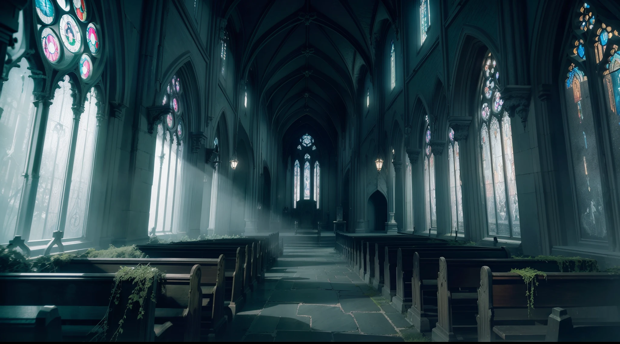 (best quality,4k,8k,highres,masterpiece:1.2),ultra-detailed,(realistic,photorealistic,photo-realistic:1.37),gothic style graveyard with fog,moonlit,haunting atmosphere,tall and eerie gravestones,crumbling and moss-covered,overgrown vines and ivy,ancient towering trees,ominous mist swirling around,shadows lurking in the darkness,ethereal glow from the moon,tombstones engraved with intricate details,aged and cracked,creepy yet mesmerizing,spiderwebs and bats,quiet and eerie silence,enchanted by a sense of foreboding,whispers of the past,stained glass windows in an old church,mysterious and atmospheric,haunted by a sense of mystery,dark and mystical ambiance