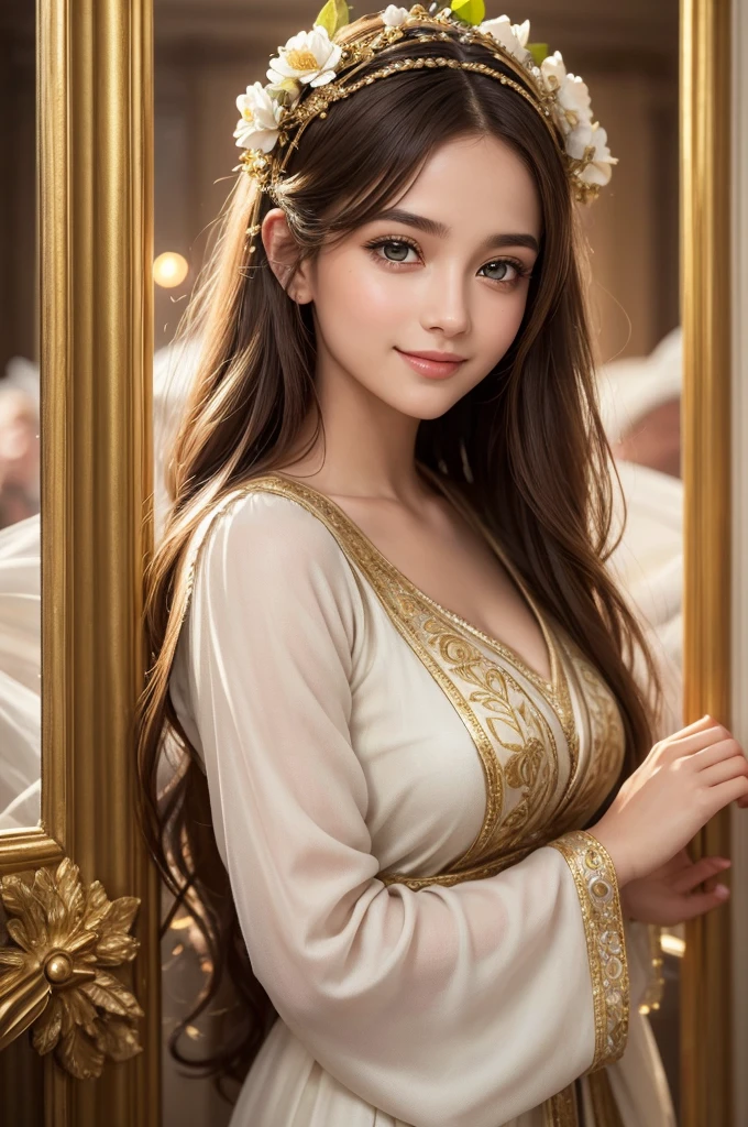 Absurd, ultra-detailed, high quality, masterpiece, detailed face, beautiful eyes(detailed eyes), Greek mythology Goddess, Hestia, goddess of the hearth and home, gentle and graceful, face exudes warmth and kindness, eyes described as soft and comforting, hold a gentle and steady gaze, Golden hair color, falls in gentle waves, hair adorned with floral accents, the overall appearance and modest, The fabric of her garments usually depicted as soft and earth-toned, beauty lies not in extravagant adornments, Her smile serene and welcoming