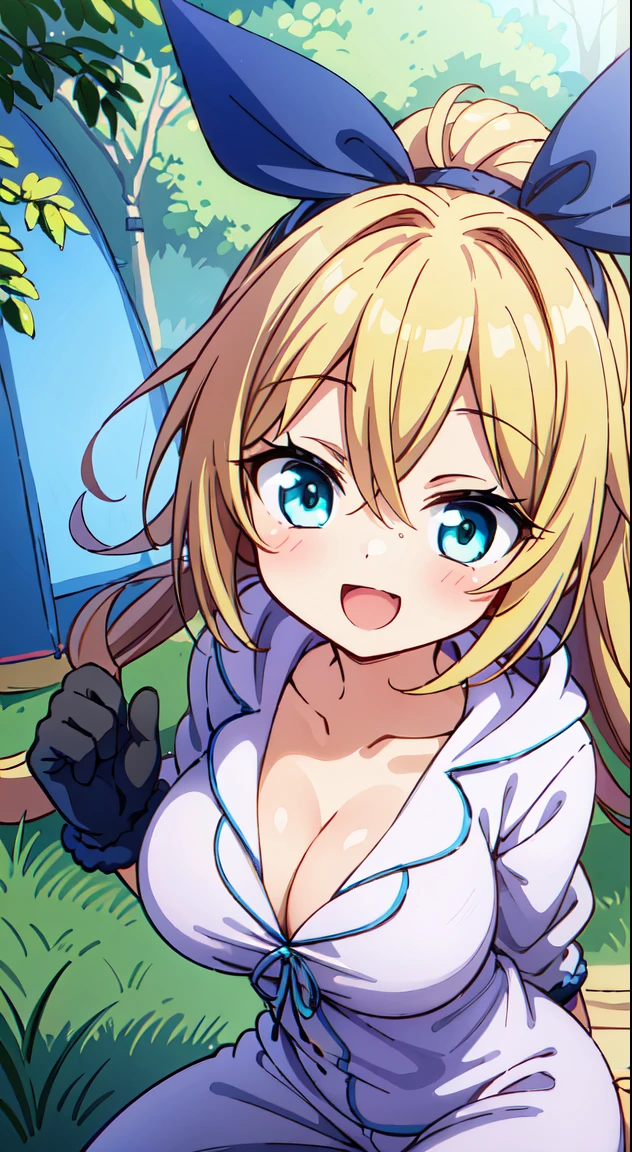 (masutepiece, Best Quality, Perfect Anatomy, High quality:1.4), absurderes, absolutely resolution, unbelievable Ridiculous, hight resolution, ultra-detailliert, Official art, Unity 8k壁纸, Kinetic typography,nice hand, Perfect hands, Detailed beautiful hands, Large_filesize, fulcolor, hight resolution, symmetric, exceptional, Best aesthetic, newest, Anime, very beautiful detailed body,The hair,faces,The eye, , BREAK,
1 beautiful girl, girl with, (Cute:1.5),(Chibi:0.5),(kawaii:2.0),(Lori:2.0),(12 year old girl),(large full breasts:1.65),(Ahoge,High Ponytail,Blonde hair, blue bow, Green eyes,eyebrows visible through hair,side locks,Parted bangs,Long hair, Hair Flower, Hair Ornament, Big ribbon in the hair, Curly hair,Bow:1.4),:el,White feathers, one white winged, Angel wings,Spread wings, Glowing wings),pitt \(Kid Icarus\),gleaming skin, Clear skin, shining beautiful skin, Open mouth,Smile, Solo, tusk, Upper teeth,(long eyelashes, Double eyelids:1.2),Solo,gleaming skin, Clear skin, Beautiful skin,(best quality face),(Top quality glowing eyes),(The best smile,Doya face:1.45),
Romper
(fluffy bear kigurumi pajamas:1.4), (open pajama:1.2), (black pajamas:1.4), animal hoodie, hood up, bear hoodie, bear ears, oversized hoodie, (wearing bear Paw Gloves:1.3), paws, five fingers,
BREAK
sitting, knees up,
Outdoors, day, Blue sky, cumulonimbus clouds, Sunlight, Flowers, garden, forest, Soto, Trees, Wind, Windy, Nature, tussock, (camping:1.4),depth of fields,
BREAK,wakame,wakame,wakame,(Dynamic Poses, Dynamic Angle, close-up, Cowboy Shot, Cowboy Shot:1.4),
BREAK,(Blurry background:1.3),(absurderes, hight resolution, Super Detail Art),cel shading,Clear Color, Lonely optical effect, Beautiful pictures, Bright glow, mystic atmosphere,(Close-up of girl:1.1), Mystical light particle effect,manga influence, clean line drawings,
nice hand, Perfect hands,