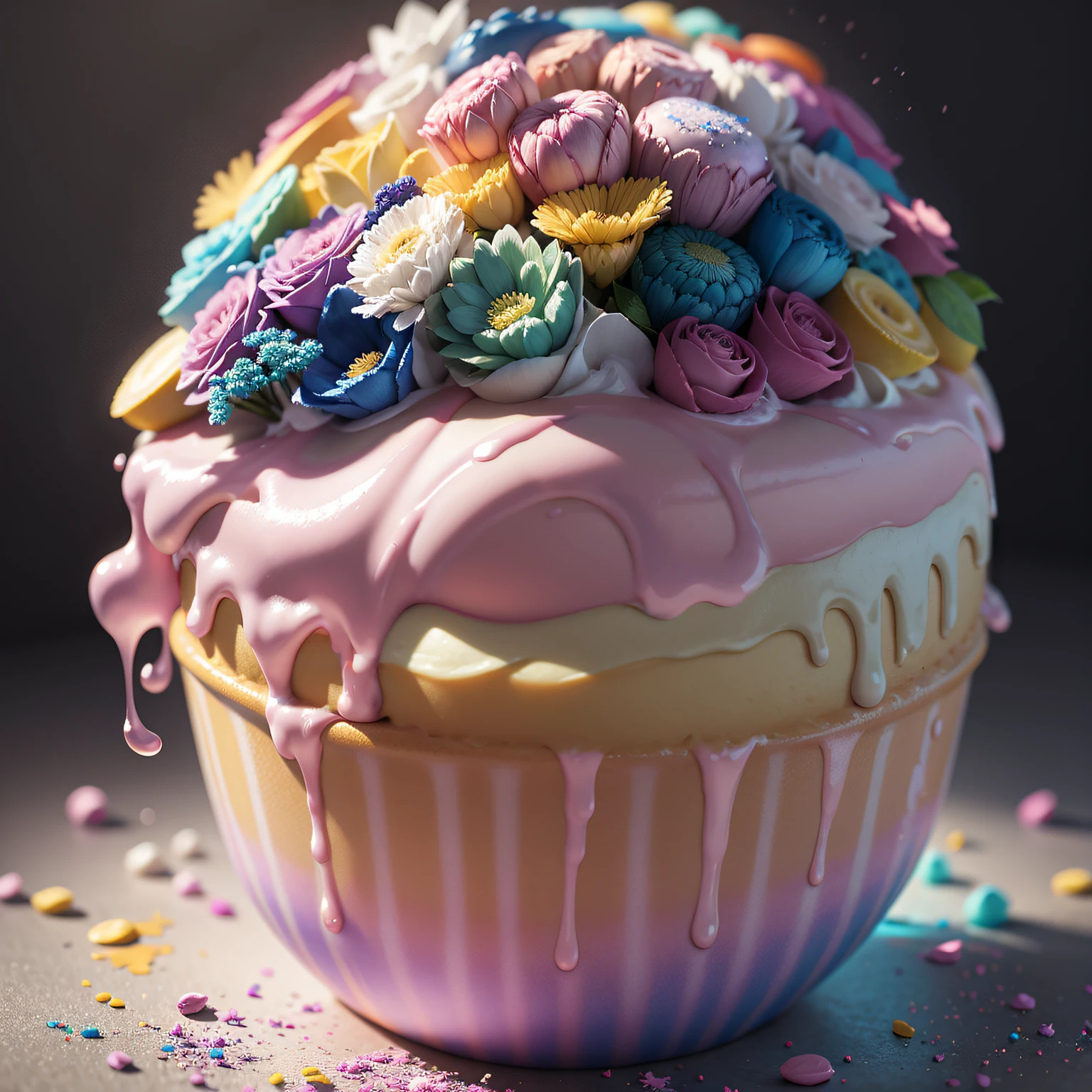 Rainbow cupcake, rainbow blossoms, rainbow flowers, rainbow blooms, sugar crystals, creamy, sweet, indulgent, rainbow whipped cream, pastel rainbow icing, decadent, (masterpiece:1.1), (highest quality:1.1), (HDR:1.0), (ultra-detailed), decorated, dripping rainbow drizzle, rainbow glimmer flakes, photograph, detailed, realistic, 8k uhd, high quality, RAW photo, professional color grading, soft shadows, no contrast, clean sharp focus, clear, epic profusion,