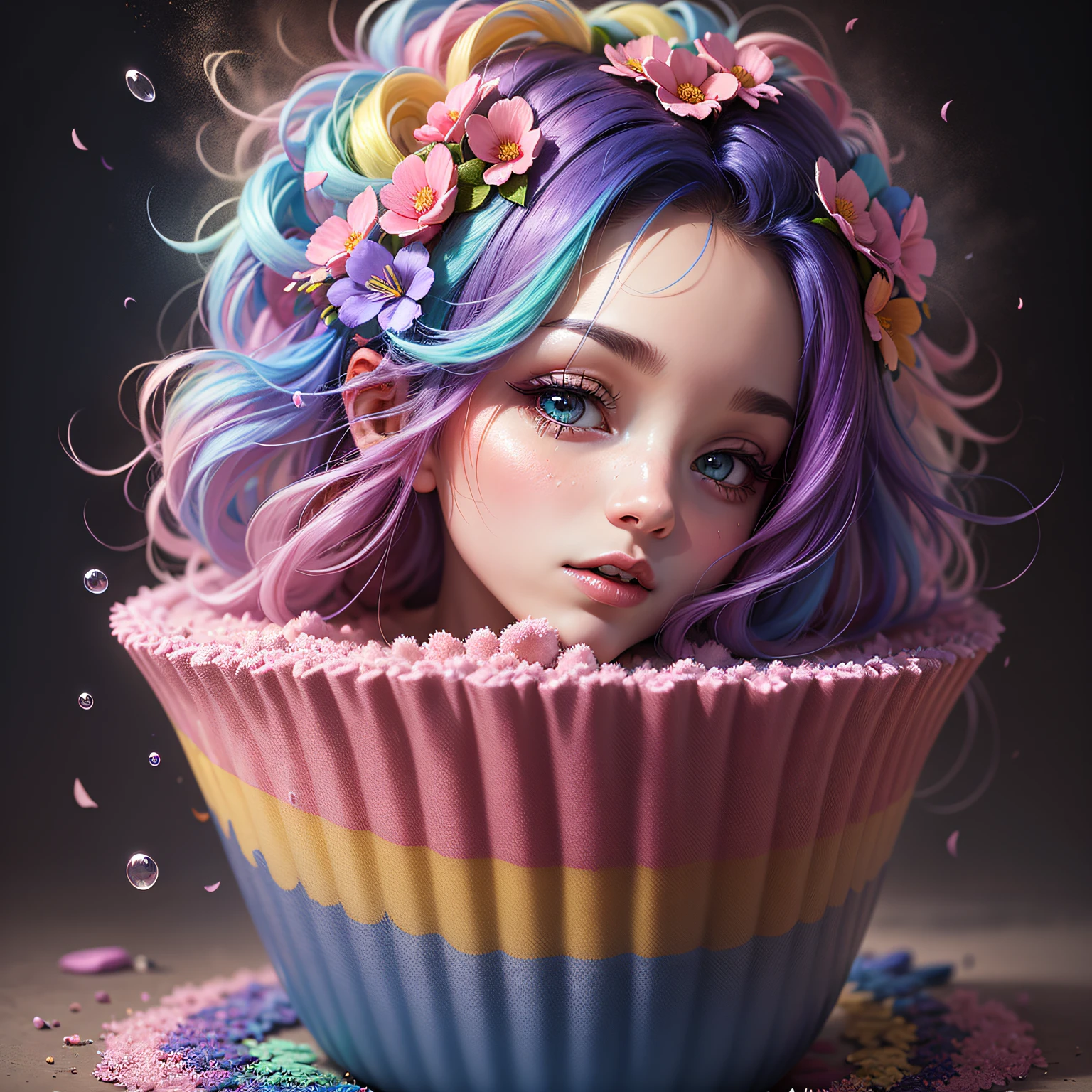 Rainbow cupcake, rainbow blossoms, rainbow flowers, rainbow blooms, sugar crystals, creamy, sweet, indulgent, rainbow whipped cream, pastel rainbow icing, decadent, (masterpiece:1.1), (highest quality:1.1), (HDR:1.0), (ultra-detailed), decorated, dripping rainbow drizzle, rainbow glimmer flakes, photograph, detailed, realistic, 8k uhd, high quality, RAW photo, professional color grading, soft shadows, no contrast, clean sharp focus, clear, epic profusion,