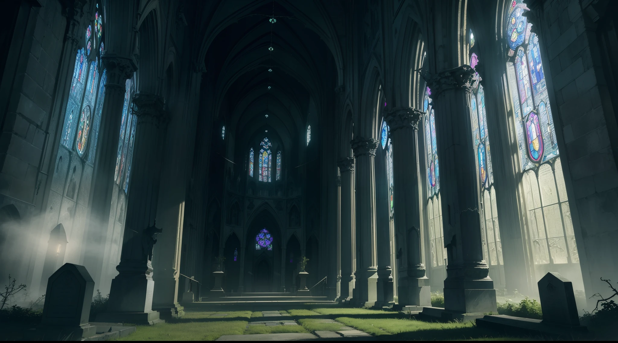(best quality,4k,8k,highres,masterpiece:1.2),ultra-detailed,(realistic,photorealistic,photo-realistic:1.37),gothic style graveyard with fog,moonlit,haunting atmosphere,tall and eerie gravestones,crumbling and moss-covered,overgrown vines and ivy,ancient towering trees,ominous mist swirling around,shadows lurking in the darkness,ethereal glow from the moon,tombstones engraved with intricate details,aged and cracked,creepy yet mesmerizing,spiderwebs and bats,quiet and eerie silence,enchanted by a sense of foreboding,whispers of the past,stained glass windows in an old church,mysterious and atmospheric,haunted by a sense of mystery,dark and mystical ambiance