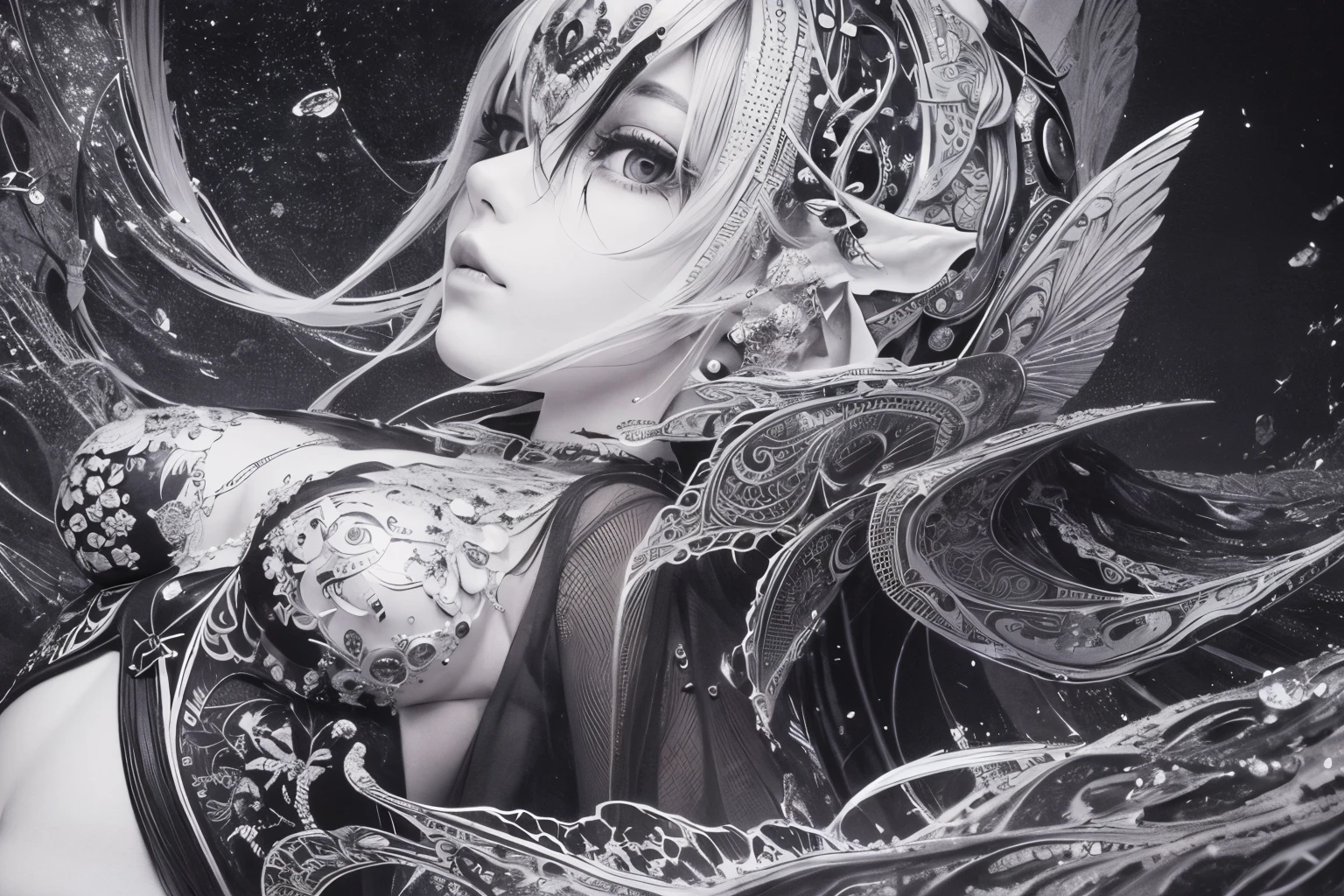 water paint art, ink drop, many color ink, high detailed line art, girl, fantasy, amazingly fine detail, highest quality, official art, big file size, high detailed, monochrome, masterpiece,
